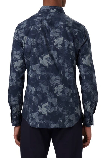 Bugatchi Axel Leaf Print Stretch Cotton Button-up Shirt In Navy