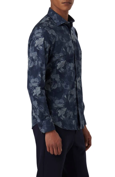 Shop Bugatchi Axel Leaf Print Stretch Cotton Button-up Shirt In Navy