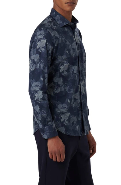 Bugatchi Axel Leaf Print Stretch Cotton Button-up Shirt In Navy