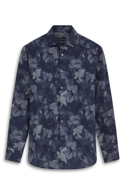 Bugatchi Axel Leaf Print Stretch Cotton Button-up Shirt In Navy