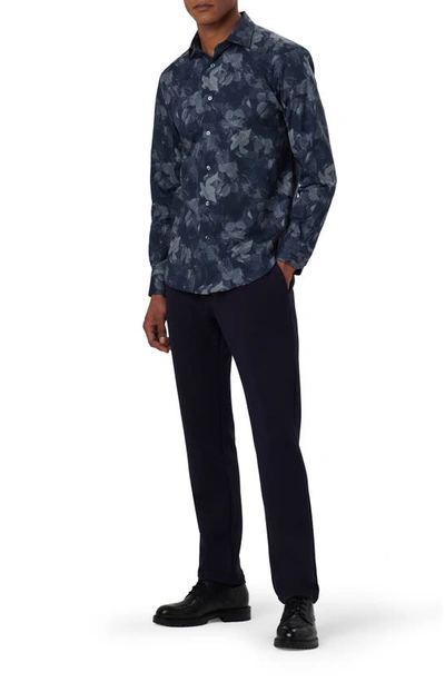 Bugatchi Axel Leaf Print Stretch Cotton Button-up Shirt In Navy