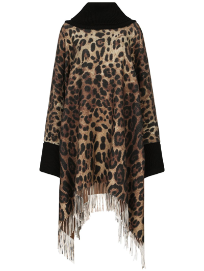 Shop Dolce & Gabbana Leopard Print Wool And Silk Blend Cape In Animalier1