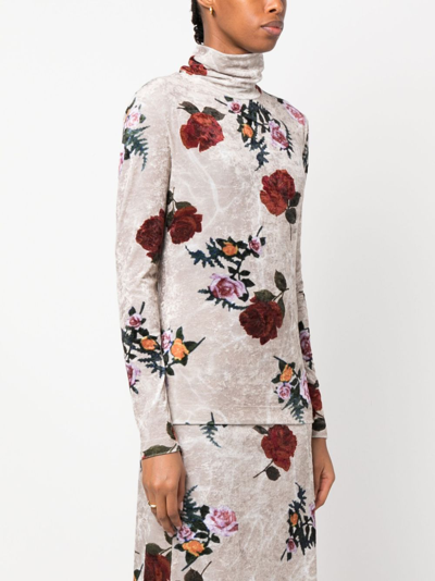 Shop Dries Van Noten Rose Print Velvet Turtleneck Sweater In Beige