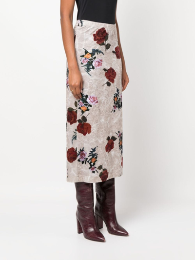 Shop Dries Van Noten Rose Print Velvet Long Skirt In Beige