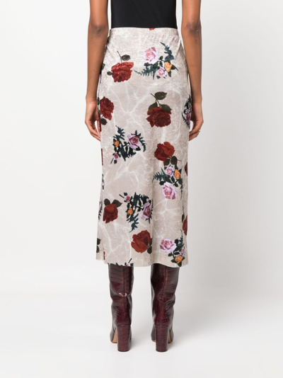 Shop Dries Van Noten Rose Print Velvet Long Skirt In Beige