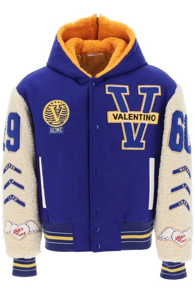 Shop Valentino Garavani Varsity Bomber Jacket With Shearling Sleeves In Multicolor