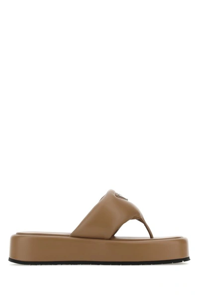 Shop Prada Woman Biscuit Nappa Leather Thong Slippers In Brown