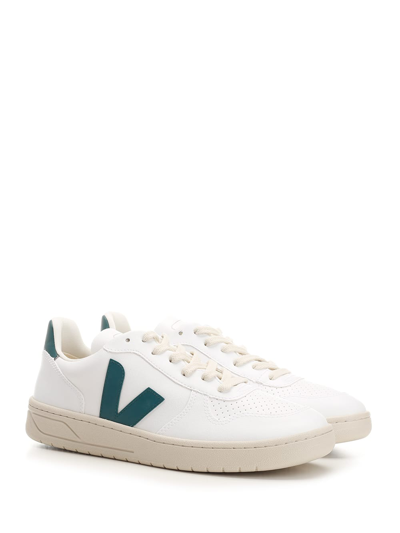 Shop Veja V-10 Sneakers With Green Logo In White