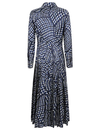 Shop Tory Burch Printed Pleated Silk Twill Dress In Navy Warped Gingham