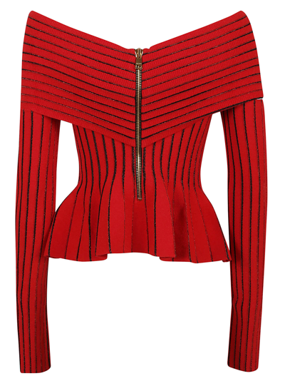 Shop Balmain Ls Off-shoulder Knotted Knit Top In Mbt Rouge Noir Irise