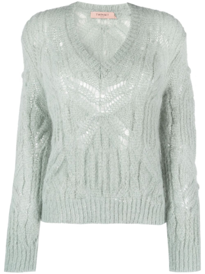 Shop Twinset Oversize V Neck Long Sleeves Sweater In Natural Sage