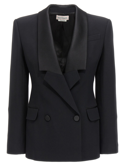 Shop Alexander Mcqueen Double-breasted Blazer With Satin Details In Black