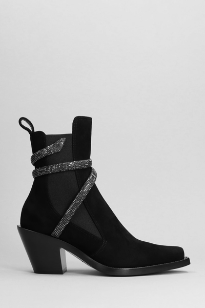 Shop René Caovilla Low Heels Ankle Boots In Black Suede