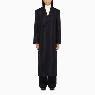 Shop Loulou Studio Double-breasted Navy Pinstripe Coat In Blue