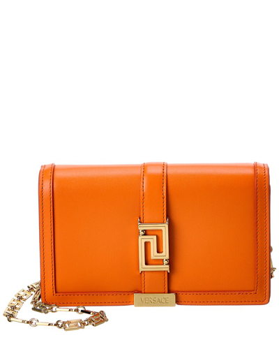 Shop Versace Greca Mini Leather Wallet On Chain In Orange