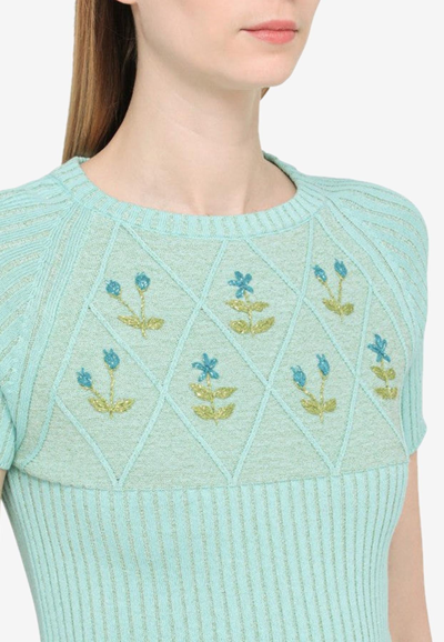 Shop Cormio Diamond Floral-embroidery Lurex Knit Top In Light Blue