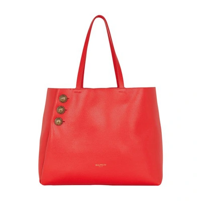 Shop Balmain Emblã¨me Grained Leather Tote Bag In Red