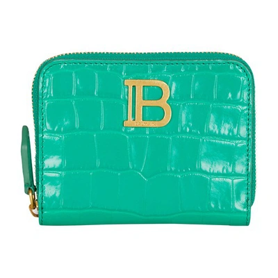Shop Balmain B-buzz Crocodile-print Leather Purse In Green