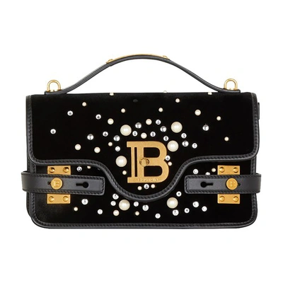 Shop Balmain B-buzz Shoulder 24 Bag In Embroidered Velvet In Black