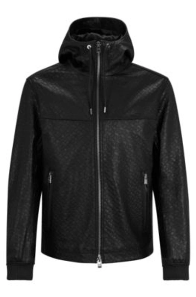 Shop Hugo Boss Hooded Relaxed-fit Jacket In Monogrammed Leather In Black