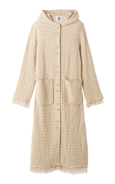 Shop By Malene Birger Tallula Hooded Fringed Cotton-blend Knit Long Coat In Light Grey