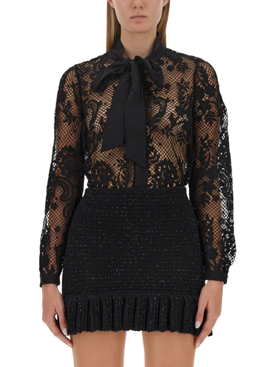 Self-portrait Tie-bow Long-sleeve Lace Shirt In Black