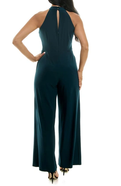 Nina Leonard Twist Halter Knit Jumpsuit In Emerald