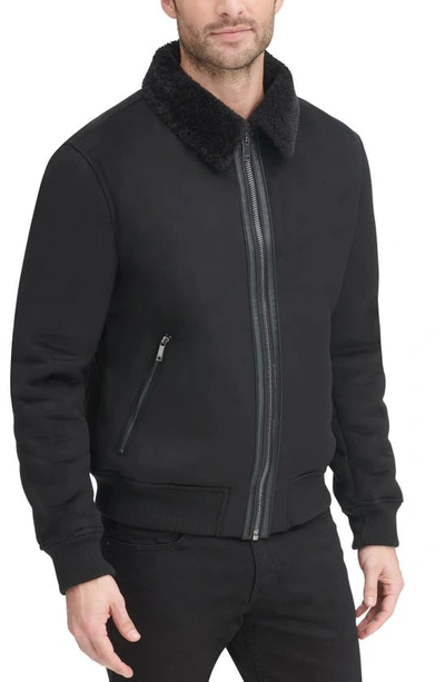Shop Dkny Faux Shearling Lined Bomber Jacket In Black
