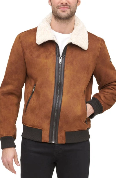 Shop Dkny Faux Shearling Lined Bomber Jacket In Brown