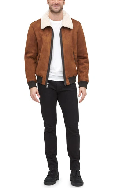 Shop Dkny Faux Shearling Lined Bomber Jacket In Brown