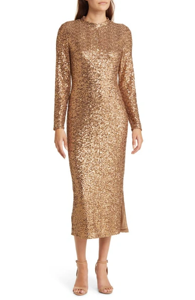 Shop Anne Klein Sequin Mock Neck Long Sleeve Midi Dress In Gold