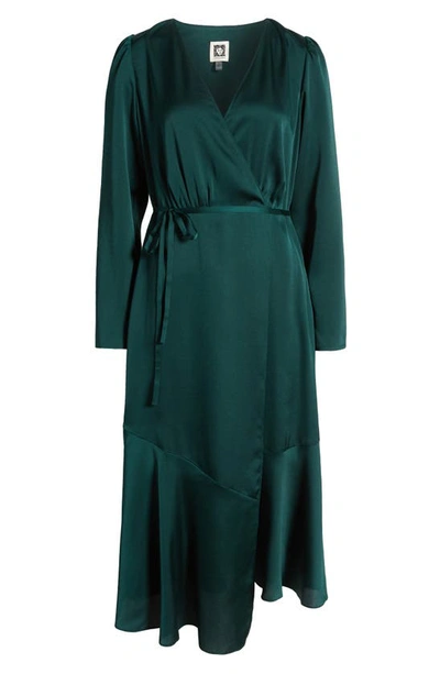 Shop Anne Klein Long Sleeve Satin Faux Wrap Dress In Pine Forest