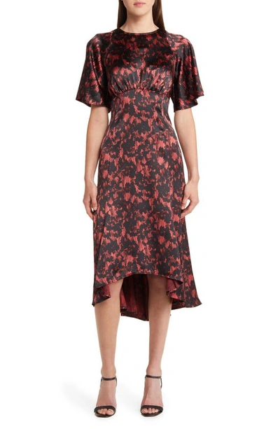 Shop Chelsea28 Flutter Sleeve High-low Satin Midi Dress In Red- Black Dreamy Blooms