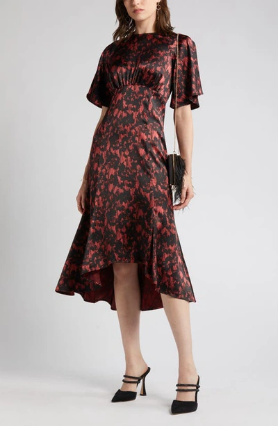 Shop Chelsea28 Flutter Sleeve High-low Satin Midi Dress In Red- Black Dreamy Blooms