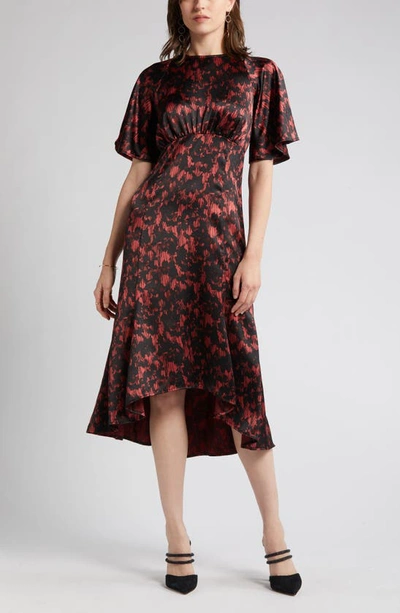 Shop Chelsea28 Flutter Sleeve High-low Satin Midi Dress In Red- Black Dreamy Blooms