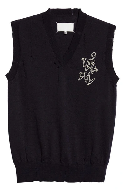 Shop Maison Margiela Embroidered Carrot Distressed Wool Sweater Vest In Navy