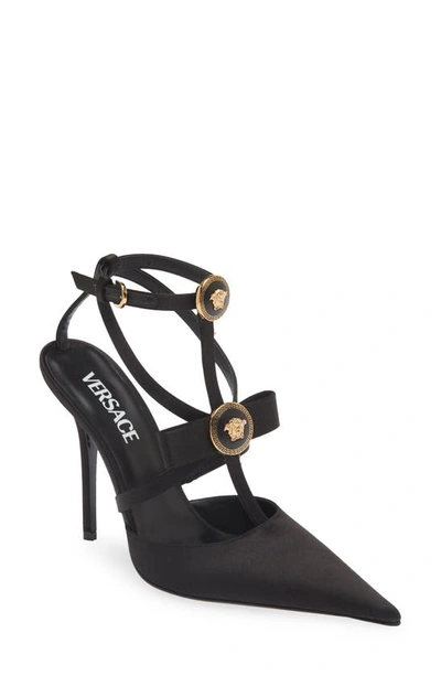 Shop Versace Gianni Ribbon Cage Pointed Toe Pump In Black