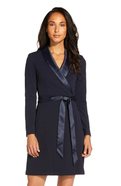 Shop Adrianna Papell Tux Long Sleeve Crepe Faux Wrap Dress In Midnight