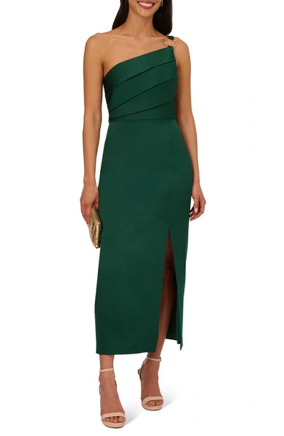 Shop Adrianna Papell Pleat One-shoulder Crepe Cocktail Dress In Deep Forest