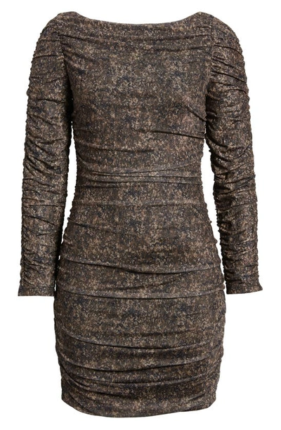 Shop Open Edit Ruched Long Sleeve Minidress In Black Brown Natural Texture