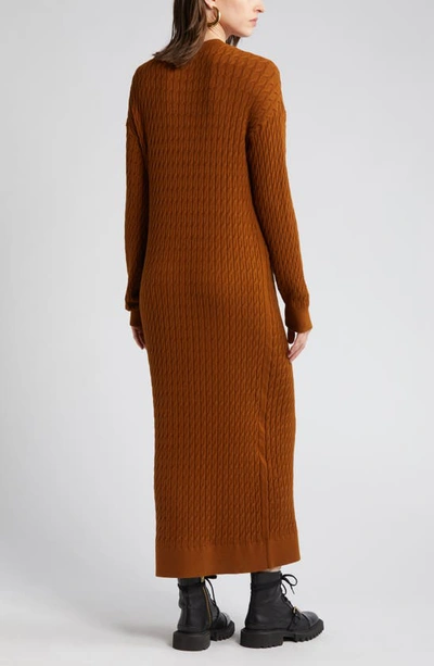 Shop Treasure & Bond Cable Stitch Long Sleeve Midi Sweater Dress In Brown Temple