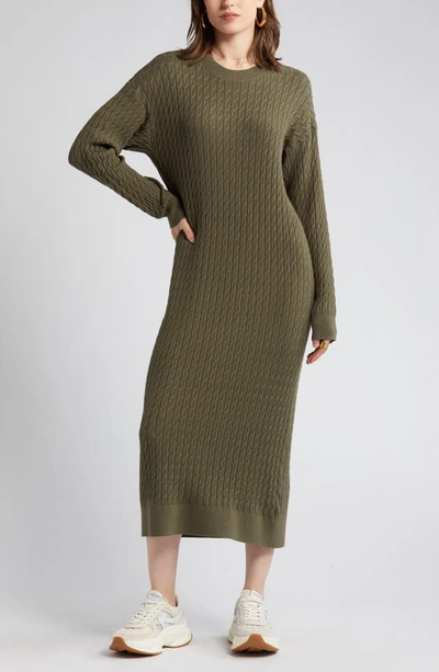 Shop Treasure & Bond Cable Stitch Long Sleeve Midi Sweater Dress In Olive Sarma