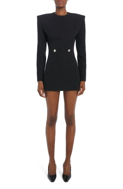 Shop Versace Medusa Structured Shoulder Long Sleeve Virgin Wool Minidress In Black