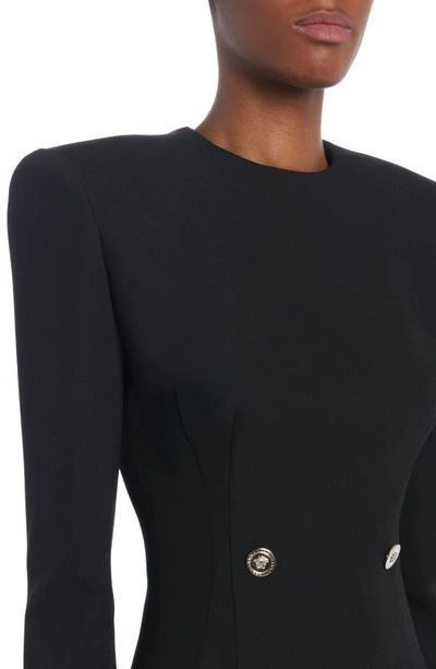Shop Versace Medusa Structured Shoulder Long Sleeve Virgin Wool Minidress In Black