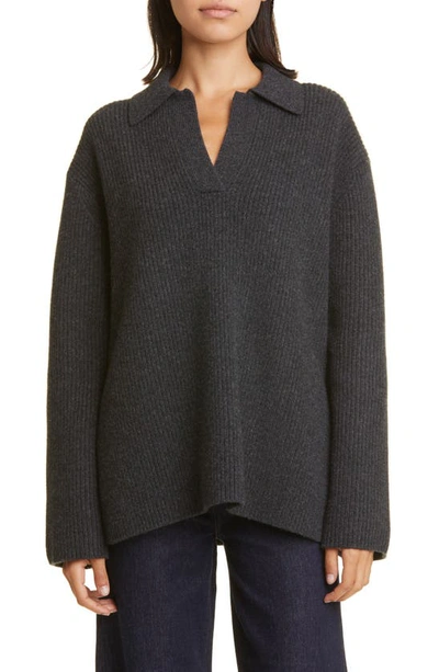 Shop Totême Rib Wool & Cashmere Polo Sweater In Charcoal Melange