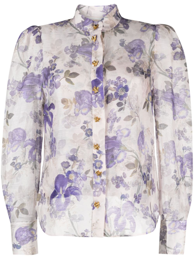 Shop Zimmermann Blue Floral Print Shirt - Women's - Polyester/silk/linen/flax In Purple