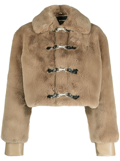 Shop Rotate Birger Christensen Brown Cropped Faux-fur Jacket