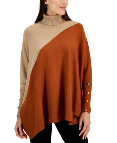 Jm Collection Women's Colorblocked Relaxed Poncho Turtleneck Sweater,  Created For Macy's In Caramel Cafe Combo | ModeSens