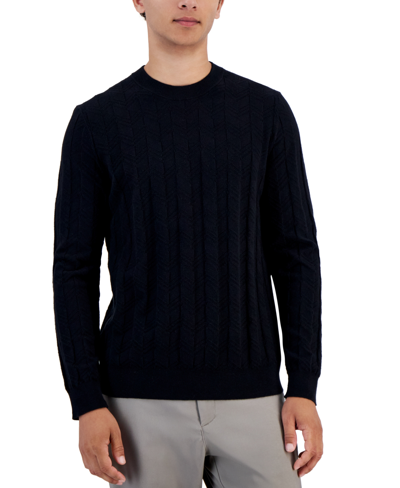 Shop Alfani Men's Textured Chevron Long-sleeve Crewneck Sweater, Created For Macy's In Deep Black