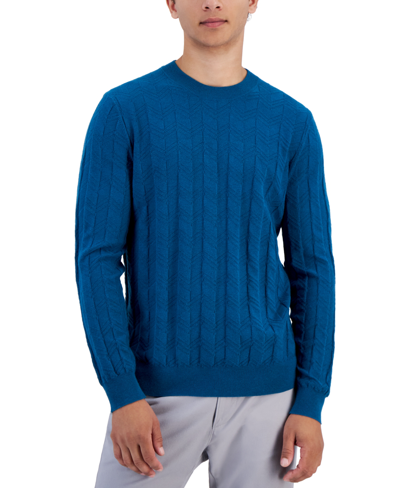 Shop Alfani Men's Textured Chevron Long-sleeve Crewneck Sweater, Created For Macy's In Blue Gem